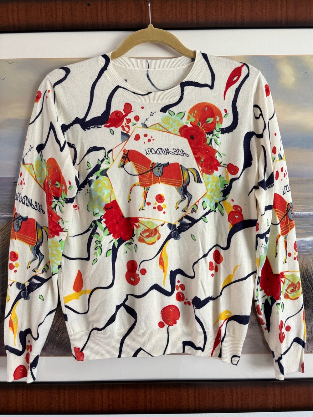 Equestrian Horse Knit Novelty Print Lightweight Crewneck Sweater Multicolored